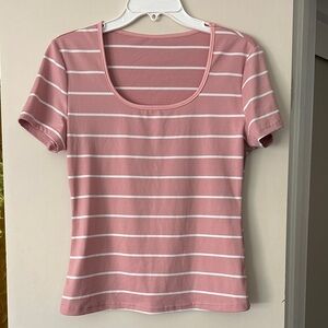 SHEIN Pink and White Striped Short Sleeve Tee